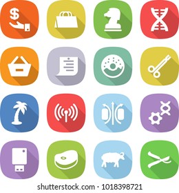 flat vector icon set - investment vector, shopping bag, chess horse, dna, remove from basket, list, donut, surgical clamp, palm, wireless, magnetic field, edit, usb flash, steake, sheep, pruner