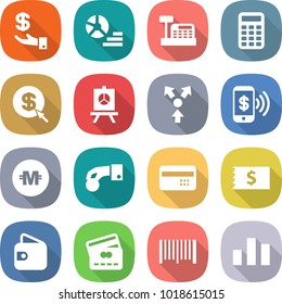 flat vector icon set - investment vector, diagram, cashbox, calculator, dollar arrow, presentation, core splitting, phone pay, crypto currency, hand coin, credit card, receipt, wallet, bar code
