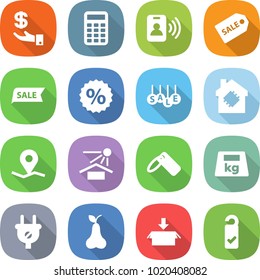 flat vector icon set - investment vector, calculator, pass card, sale label, percent, smart house, geo pin, sun protection, heavy, plug, pear, package, please clean