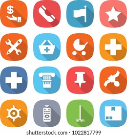 flat vector icon set - investment vector, phone, flag, star, pencil wrench, add to basket, baby stroller, medical cross, column, pin, satellite, handwheel, remote control, rake, package
