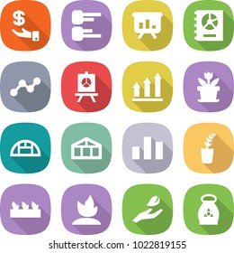 flat vector icon set - investment vector, diagram, presentation, annual report, graph, up, flower, greenhouse, chart, seedling, sprouting, hand leaf, fertilizer