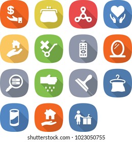 flat vector icon set - investment vector, purse, spinner, health care, real estate, do not trolley sign, remote control, mirror, data search, sow, scraper, hanger, cleanser powder, housing