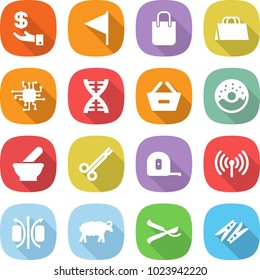 flat vector icon set - investment vector, flag, shopping bag, chip, dna, remove from basket, donut, mortar, surgical clamp, measuring tape, wireless, magnetic field, sheep, pruner, clothespin