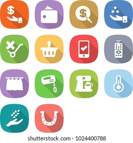 flat vector icon set - investment vector, wallet, dollar arrow, chemical industry, do not trolley sign, basket, mobile checking, remote control, curtain, mixer, coffee maker, thermometer, harvest