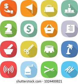 flat vector icon set - investment vector, flag, shopping bag, pedestal, chess horse, dollar coin, remove from basket, list, mortar, surgical clamp, stadium, palm, wireless, hand mill, pruner