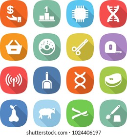 flat vector icon set - investment vector, pedestal, chip, dna, remove from basket, donut, surgical clamp, measuring tape, wireless, scoop, steake, pear, sheep, pruner, toilet brush