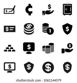 Flat vector icon set - investment vector, coin stack, check, dollar shield, safe, monitor, cent sign, gold ingot