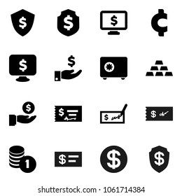 Flat vector icon set - investment vector, coin stack, check, dollar shield, safe, monitor, cent sign, gold ingot