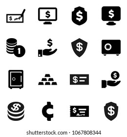 Flat vector icon set - investment vector, coin stack, check, dollar shield, safe, monitor, cent sign, gold ingot