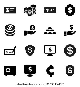 Flat vector icon set - investment vector, coin stack, check, dollar shield, safe, monitor, cent sign, gold ingot