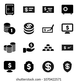 Flat vector icon set - investment vector, coin stack, check, dollar shield, safe, monitor, gold ingot