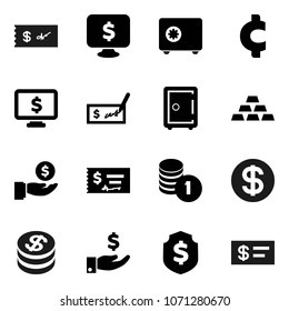 Flat vector icon set - investment vector, coin stack, check, dollar shield, safe, monitor, cent sign, gold ingot