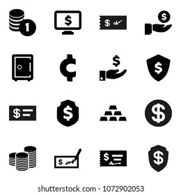 Flat vector icon set - investment vector, coin stack, check, dollar shield, safe, monitor, cent sign, gold ingot