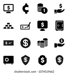 Flat vector icon set - investment vector, coin stack, check, dollar shield, safe, monitor, cent sign, gold ingot