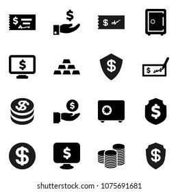 Flat vector icon set - investment vector, coin stack, check, dollar shield, safe, monitor, gold ingot