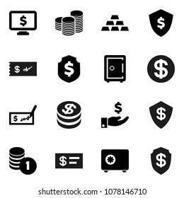 Flat vector icon set - investment vector, coin stack, check, dollar shield, safe, monitor, gold ingot