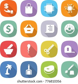 flat vector icon set - investment vector, shopping bag, chip, dollar coin, remove from basket, list, donut, mortar, sperm, surgical clamp, measuring tape, palm, scoop, steake, toilet brush
