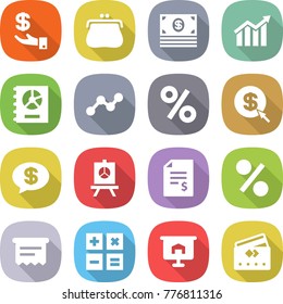 flat vector icon set - investment vector, purse, money, diagram, annual report, graph, percent, dollar arrow, message, presentation, account balance, atm receipt, calculator, credit card