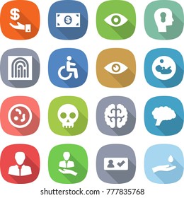 flat vector icon set - investment vector, money, eye, bulb head, fingerprint, disability, pregnancy, microbe, skull, brain, client, check in, hand and drop