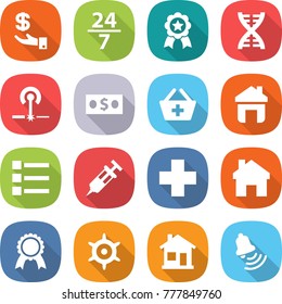 flat vector icon set - investment vector, 24 7, medal, dna, laser, money, add to basket, home, list, syringe, cross, handwheel, bell