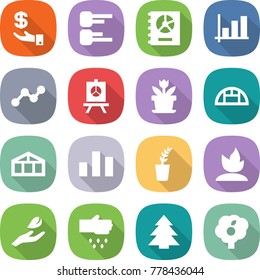 flat vector icon set - investment vector, diagram, annual report, graph, presentation, flower, greenhouse, chart, seedling, sprouting, hand leaf, sow, spruce, garden