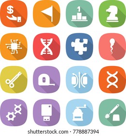 flat vector icon set - investment vector, flag, pedestal, chess horse, chip, dna, puzzle, sperm, surgical clamp, measuring tape, magnetic field, edit, usb flash, hand mill, toilet brush
