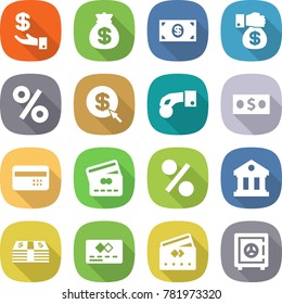 flat vector icon set - investment vector, money bag, gift, percent, dollar arrow, hand coin, credit card, library, safe