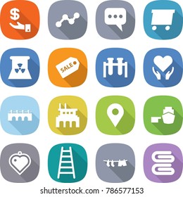 flat vector icon set - investment vector, graph, message, delivery, nuclear power, sale label, test vial, health care, bridge, factory, geo pin, port, heart pendant, ladder, drying clothes, towel