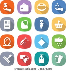 flat vector icon set - investment vector, wallet, smart bracelet, chemical industry, anamnesis, broken hand, do not hook sign, basket, mirror, welding, rag, sow, scraper, wiping, liquid soap, gloves