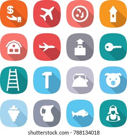 flat vector icon set - investment vector, plane, microbe, tower, house, baggage, key, ladder, hammer, kettle, pig, grape, jug, fish, cleaner