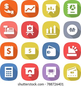 flat vector icon set - investment vector, statistics, presentation, annual report, cashbox, graph up, crypto currency, receipt, wallet, calculator, atm, credit card