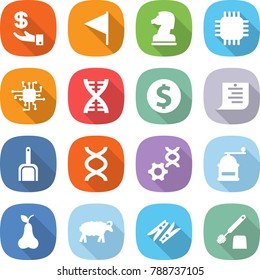 flat vector icon set - investment vector, flag, chess horse, chip, dna, dollar coin, shopping list, scoop, edit, hand mill, pear, sheep, clothespin, toilet brush
