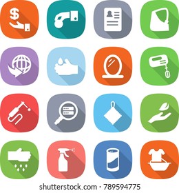 flat vector icon set - investment vector, hand coin, anamnesis, broken, delivery, acid, mirror, mixer, welding, data search, rag, leaf, sow, sprayer, cleanser powder, handle washing