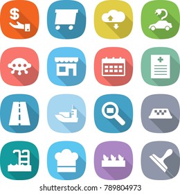 flat vector icon set - investment vector, delivery, cloud service, electric car, ufo, shop, calendar, recipe, road, sea shipping, cargo search, taxi, pool, cook hat, seedling, scraper