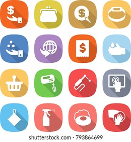 flat vector icon set - investment vector, purse, dollar arrow, smart bracelet, chemical industry, delivery, tax, acid, basket, mixer, welding, touchscreen, rag, sprayer, soap, wiping