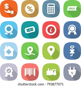 flat vector icon set - investment vector, percent, calculator, sale, medal, ticket, info, smart house, geo pin, do not hook sign, bar code, train, plug