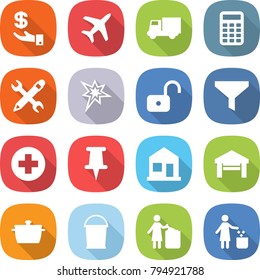 flat vector icon set - investment vector, plane, truck, calculator, pencil wrench, bang, unlock, funnel, medical cross, pin, home, garage, pan, bucket, garbage bin
