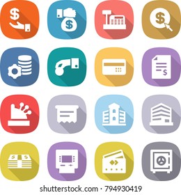 flat vector icon set - investment vector, money gift, cashbox, dollar arrow, virtual mining, hand coin, credit card, account balance, atm receipt, building, office, safe