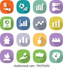 flat vector icon set - investment vector, diagram, annual report, graph, up, flower, chart, seedling, sprouting, hand leaf, sow, garden