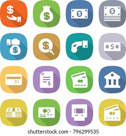 flat vector icon set - investment vector, money bag, gift, dollar arrow, hand coin, credit card, account balance, library, atm