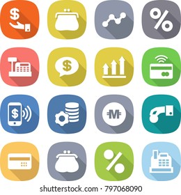 flat vector icon set - investment vector, purse, graph, percent, cashbox, money message, up, tap to pay, phone, virtual mining, crypto currency, hand coin, credit card