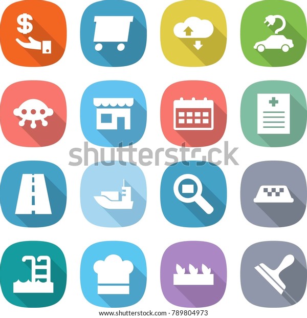 flat vector icon set - investment vector,\
delivery, cloud service, electric car, ufo, shop, calendar, recipe,\
road, sea shipping, cargo search, taxi, pool, cook hat, seedling,\
scraper