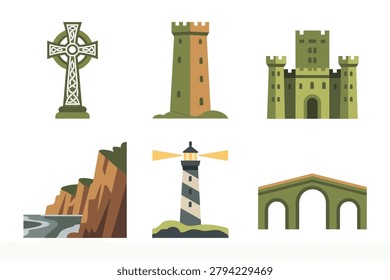 Flat vector icon set for Irish architecture and landmarks, featuring coastal cliff, lighthouse, Celtic cross, ancient bridge, and medieval castle.