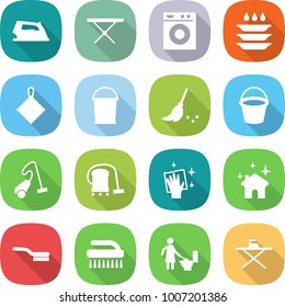 flat vector icon set - iron vector, board, washing machine, plate, rag, bucket, broom, vacuum cleaner, wiping, house cleaning, brush, toilet