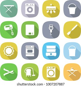 flat vector icon set - iron board vector, washing machine, air conditioning, bucket, mixer, kitchen scales, handle, spatula, induction oven, double boiler, pruner, vacuum cleaner