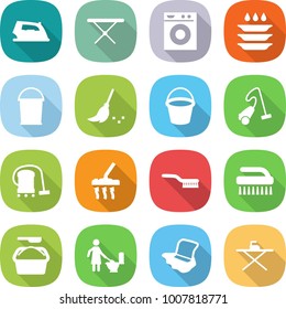 flat vector icon set - iron vector, board, washing machine, plate, bucket, broom, vacuum cleaner, brush, powder, toilet cleaning, floor