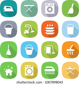 flat vector icon set - iron vector, board, washing machine, broom, bucket, vacuum cleaner, plate, house cleaning, brush