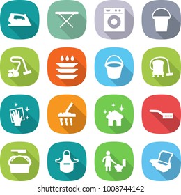 flat vector icon set - iron vector, board, washing machine, bucket, vacuum cleaner, plate, wiping, house cleaning, brush, powder, apron, toilet, floor