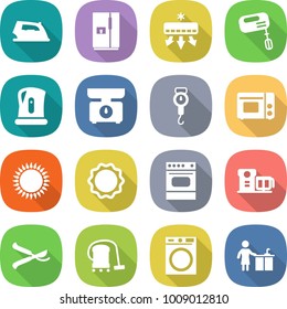 flat vector icon set - iron vector, fridge, air conditioning, mixer, kettle, kitchen scales, handle, grill oven, gas, induction, food processor, pruner, vacuum cleaner, washing machine, cleaning