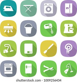 flat vector icon set - iron vector, board, washing machine, fridge, air conditioning, bucket, mixer, coffee maker, vacuum cleaner, kitchen scales, spatula, elecric oven, pruner